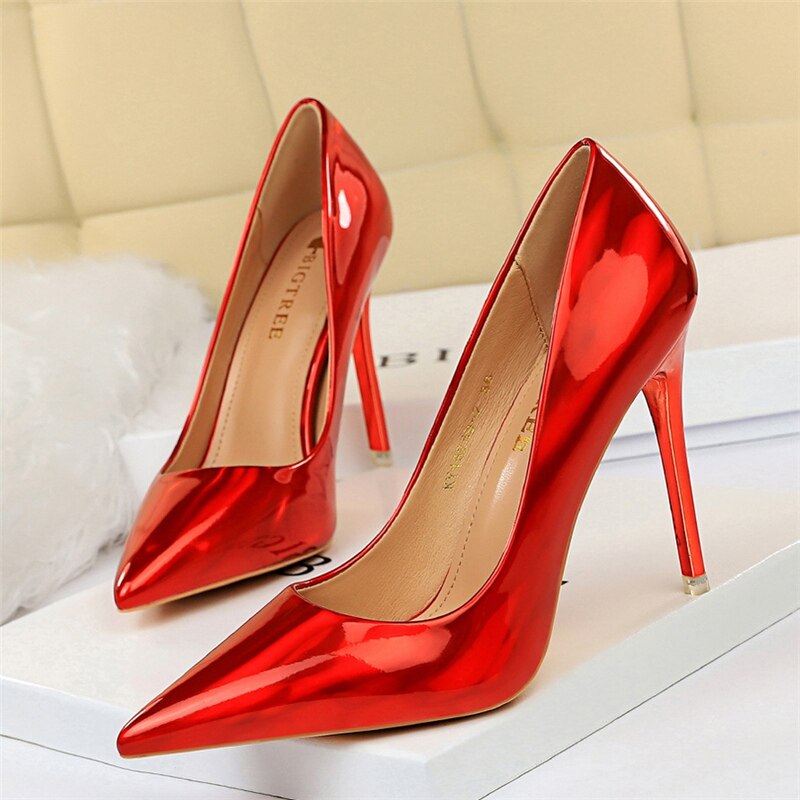 flowersverse Pumps Women Shoes High Heels 10.5cm Blue Green Patent Leather Stiletto Ladies Fetish Wedding Bridal Shoes Plus Size