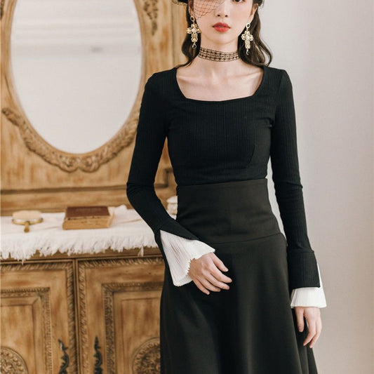 flowersverse Black Vintage Gothic Knitted Sweater Women Ruffles Chic Slim Korean Party Tops Casual Evening Long Sleeve Clothing Autumn