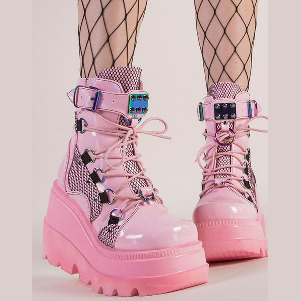 Back to College DoraTasia Gothic Punk Street Women Ankle Boots Platform Wedges High Heels Short Boots New Fashion Design Rivet Cosplay Shoes