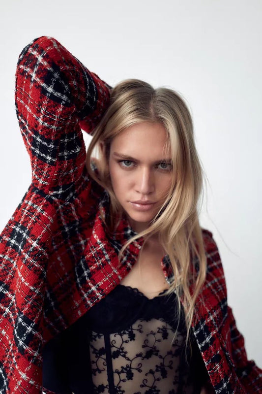 flowersverse Autumn And Winter New Plaid Red Jacket Women's Long Sleeve Korean Loose Fashion Coat Patchwork Blazer Coats