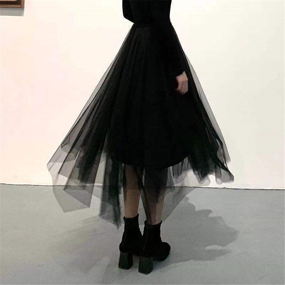 flowersverse Back to college outfits Gothic Gray Tulle Long Irregular Pleated Skirts Elastic High Waist A-Line Mesh Midi Skirts Vintage Punk Streetwear Streetwear fx0615