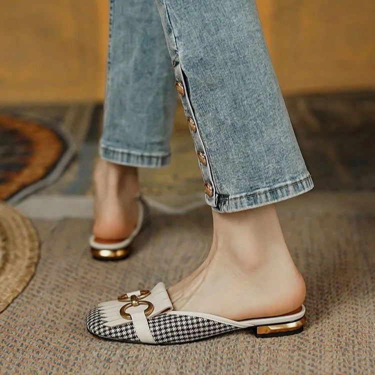 flowersverse Women's Slippers Retro Houndstooth Tassel Casual Shoes for Woman Summer Outdoor Ladies Slides Metal Buckle Low Heel Sandals