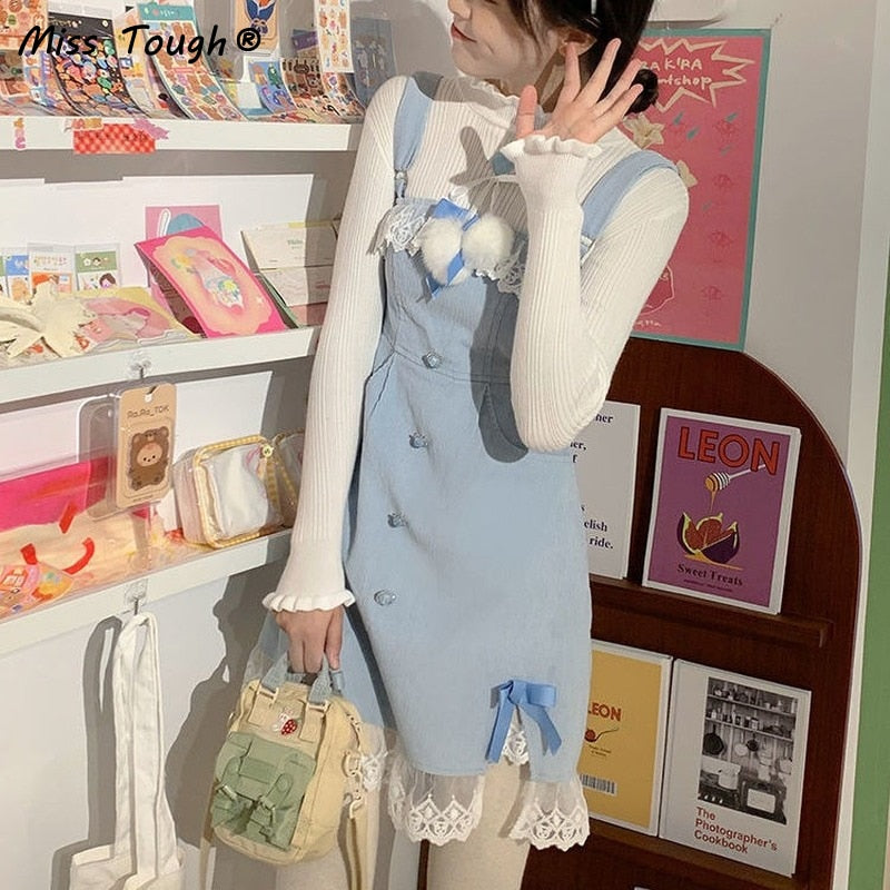 flowersverse Blue Lolita Kawaii Strap Dress Women Japanese Lace Patchwork Sweet Mini Dress Female Korean Split Bow Designer Cute Dress