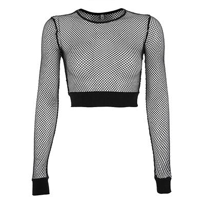 flowersverse Mesh Crop Tops Tee Shirt Femme Hollow Out Black Tshirt Women See Trough Long Sleeve Streetwear Fishnet T Shirt