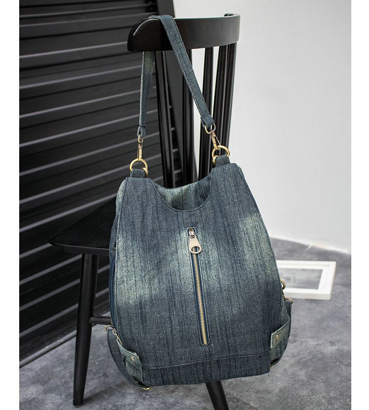 flowersverse Back to school Washed Denim Women Backpack Big Jean Multifunctional Backpack Female Shoulder Bag Casual Travel Bags Rucksack Blue Mochila Bols