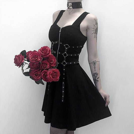 Halloween Goth Dark women's dress eyelet web zipper harajuku mini dresses grunge Summer sleeveless backless a-line punk rock