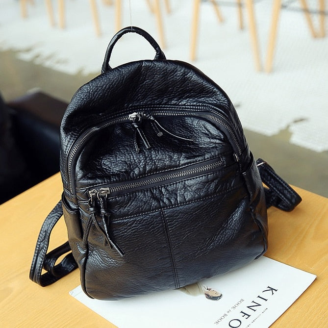 flowersverse Back to school Washable Soft Pu Leather Women Backpack Small Simple Campus Student School Bag Travel Backpack Female Shoulder Bag Daypack Black