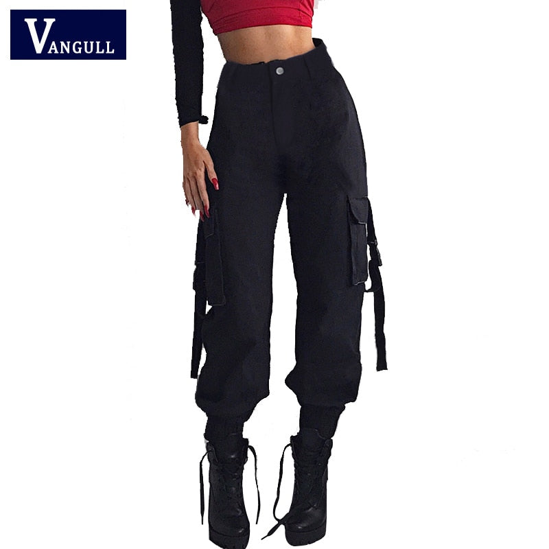 flowersverse Black High Waist Cargo Pants Women Pockets Patchwork Loose Streetwear Pencil Pants Fashion Hip Hop Women's Trousers