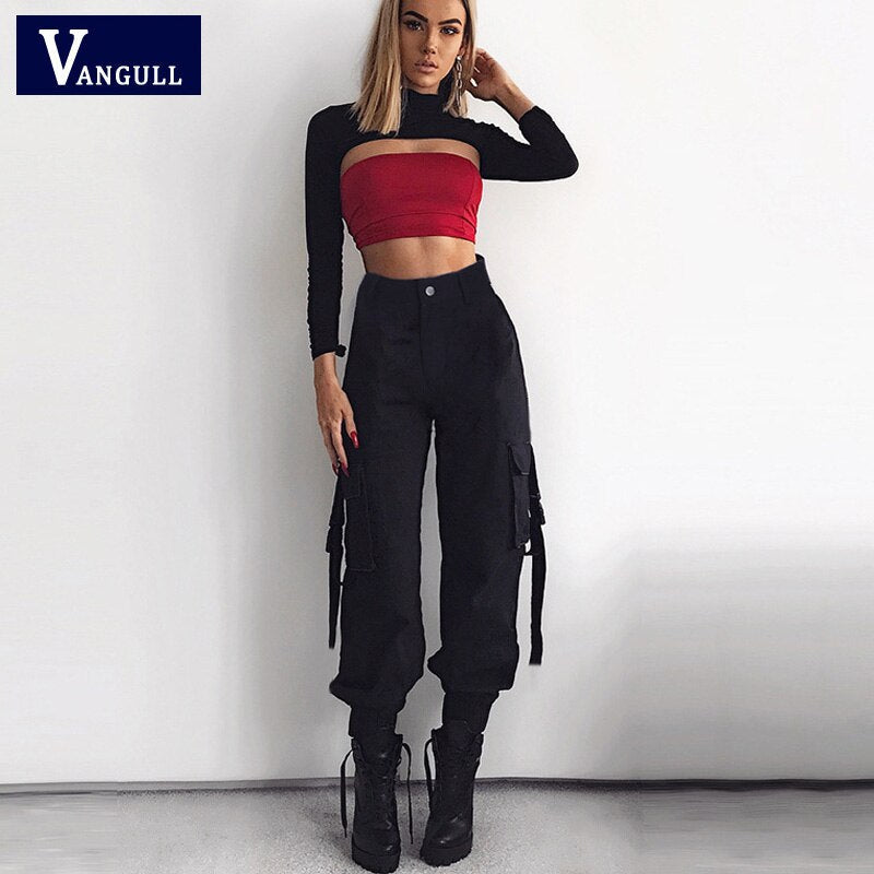 flowersverse Black High Waist Cargo Pants Women Pockets Patchwork Loose Streetwear Pencil Pants Fashion Hip Hop Women's Trousers