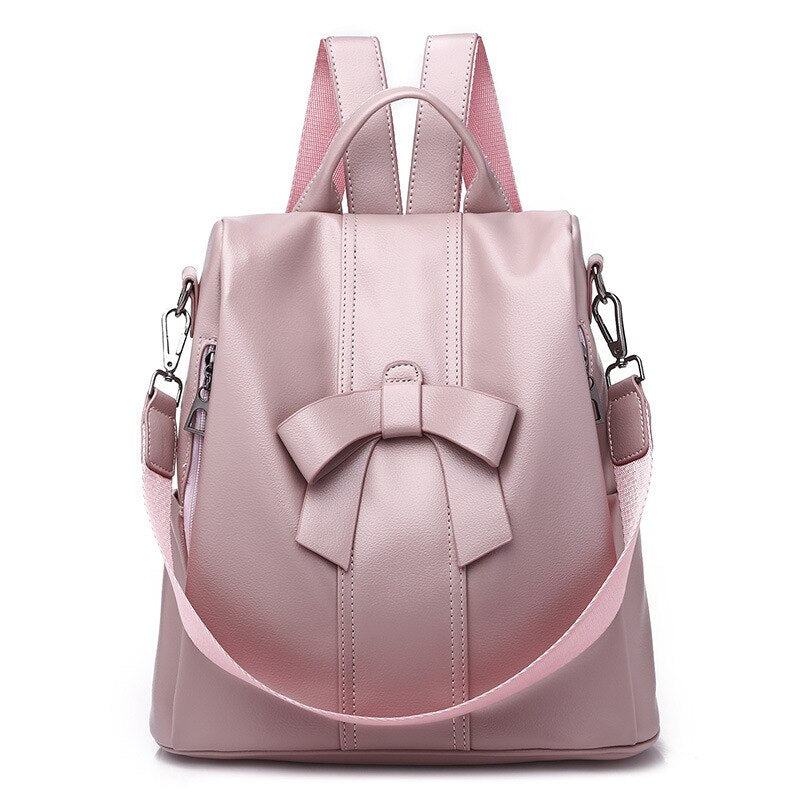 flowersverse Back to school Cute Pink Bow Women Backpack Pu Leather Antitheft Backpack For Teenage Girls Rucksack Female Shoulder School Bags Travel Mochila