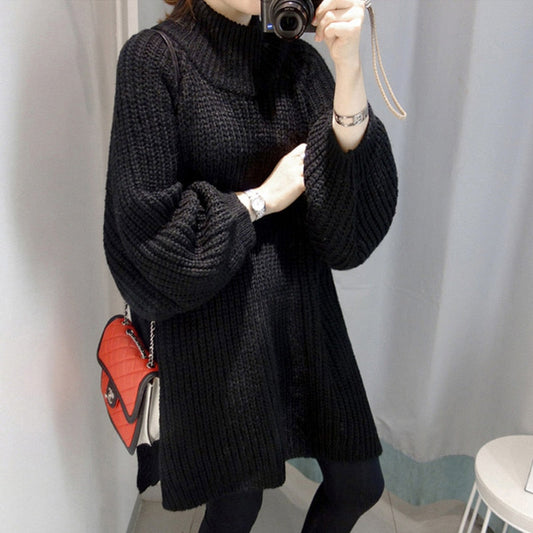 flowersverse Autumn Winter Thick Long Sweater Women Lantern Sleeve Side Slit Half Turtleneck Sweaters Pullovers Oversized pull hiver femme