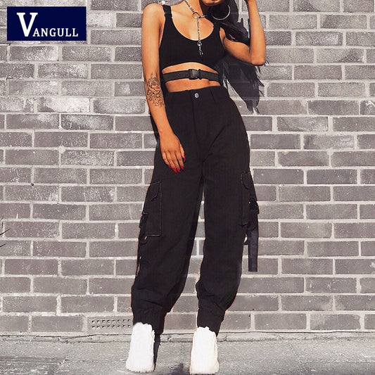 flowersverse Black High Waist Cargo Pants Women Pockets Patchwork Loose Streetwear Pencil Pants Fashion Hip Hop Women's Trousers