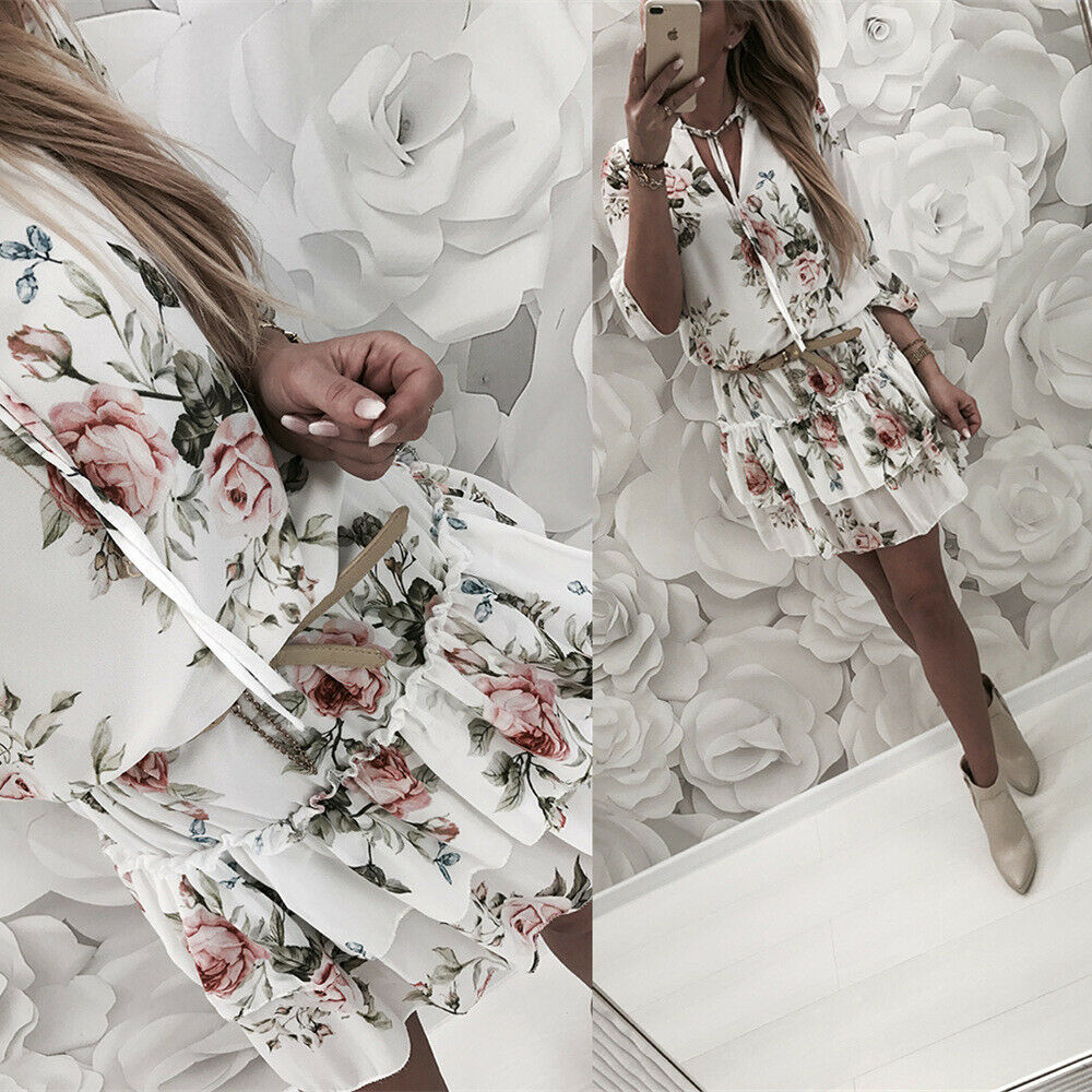 flowersverse Vintage Women's Wrap Summer V-Neck Boho Floral Print Dress Elegant Ladies Holiday Beach Mini Sundress Plus Size