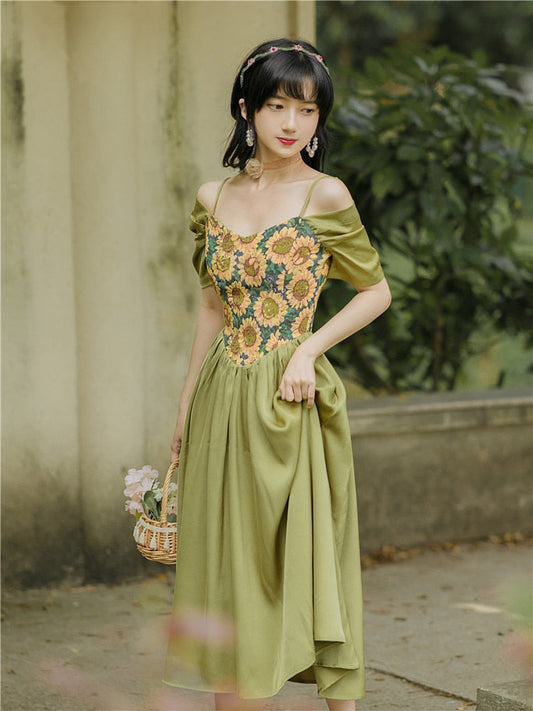 flowersverse Back to school outfit Summer Vintage Women Green Dress Cottagecore Retro Jacquard Floral Slash Neck Strap Off Shoulder Sexy Long Dresses Lady Party