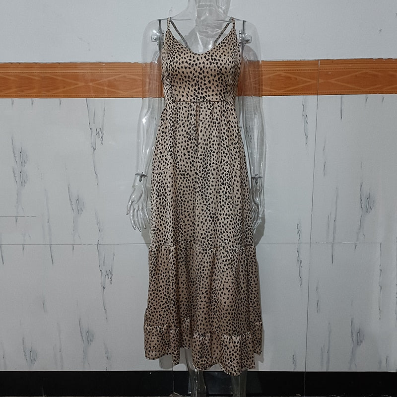 Back To School Outfit flowersverse Ardm Leopard Print Платьел Етнее Spaghetti Strap Backless Dresses Vintage Ruffled Lace Up Party Maxi Dress Vestidos