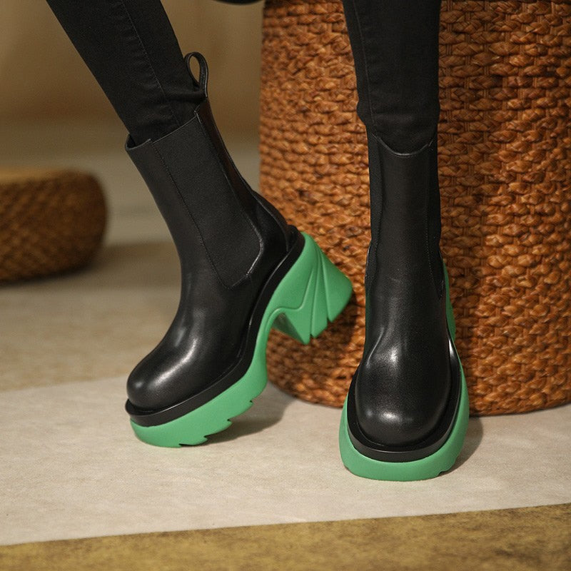 flowersverse Ankle Boots Metal Chain Slip On Thich Platform Short Boots Ladies Mixed Color Autumn Winter Shoes Female Chelsea Fashion