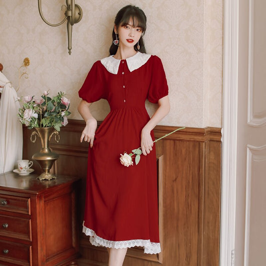 flowersverse Back to school Summer Women Red Dress Japanese Style Lace Peter Pan Collar Vintage Elegant Lady Long Midi Dresses Vestido Robe Rouge Femme