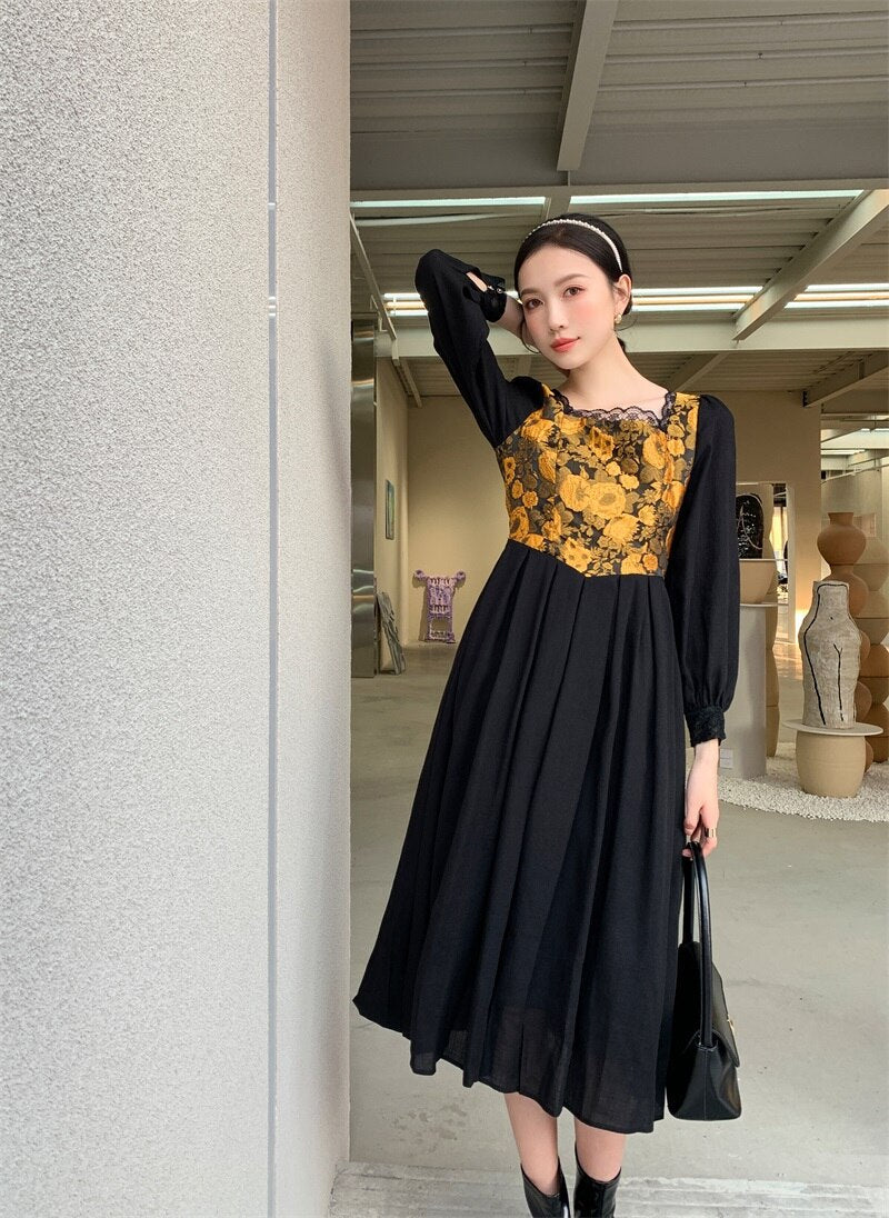 flowersverse Back to school Korean Fashion Black Dress Woman Streetwear Women Modern Vintage Print Floral Patchwork Dresses For Party Night Vestido Negro