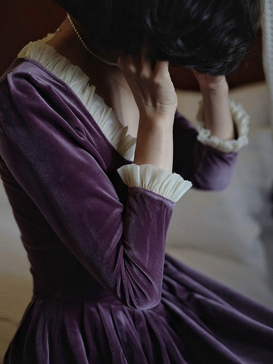 flowersverse Back to school outfit Chic Vintage Woman Velvet Dress Retro Square Collar Ruffles Solid Purple & Claret Elegant Lady Romantic Dresses Vestido Festa