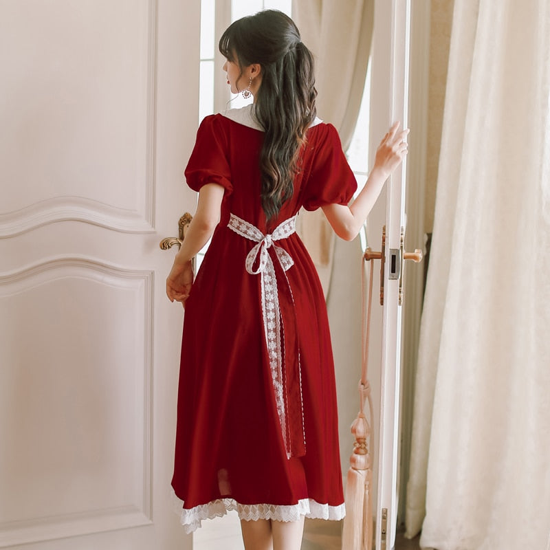 flowersverse Back to school Summer Women Red Dress Japanese Style Lace Peter Pan Collar Vintage Elegant Lady Long Midi Dresses Vestido Robe Rouge Femme