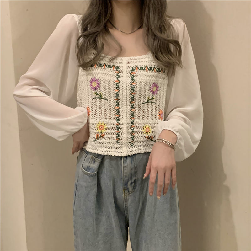 flowersverse Blouse Women Print Casual Simple Hollow Out Teens Square Collar Daily Vintage Harajuku Crop Chic Comfortable College Loose New