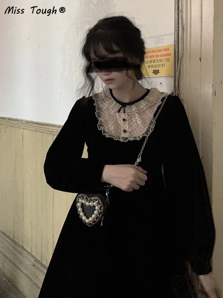 flowersverse Autumn Retro Hepburn Black Gothic Dress Woemen Lace Patchwork Y2K Kawaii Party Mini Dress Female High Street Korean Dress