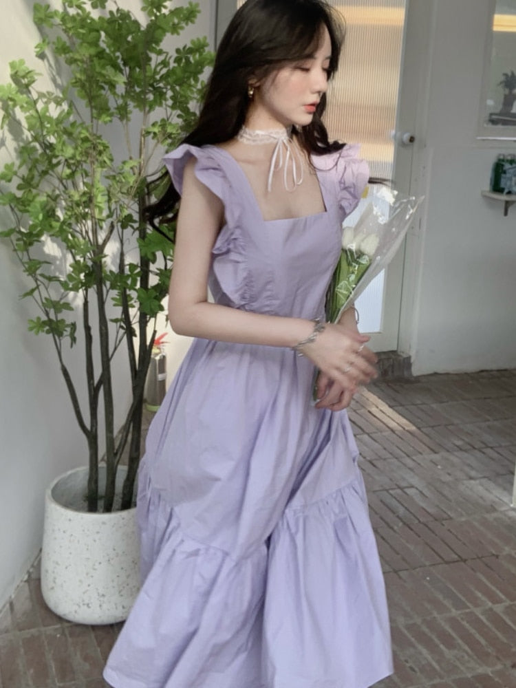 flowersverse Backless Design Sundresses Female Summer French Pure Color Dress Korean Fashion Bow Elegant Midi Dress for Women Party Y2k