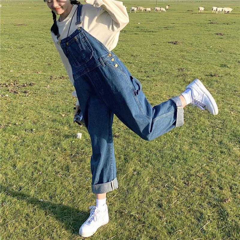 flowersverse Baggy Denim Jumpsuit Women Autumn New Loose Jean Overalls Female Korean High Waist Straight Leg Trousers