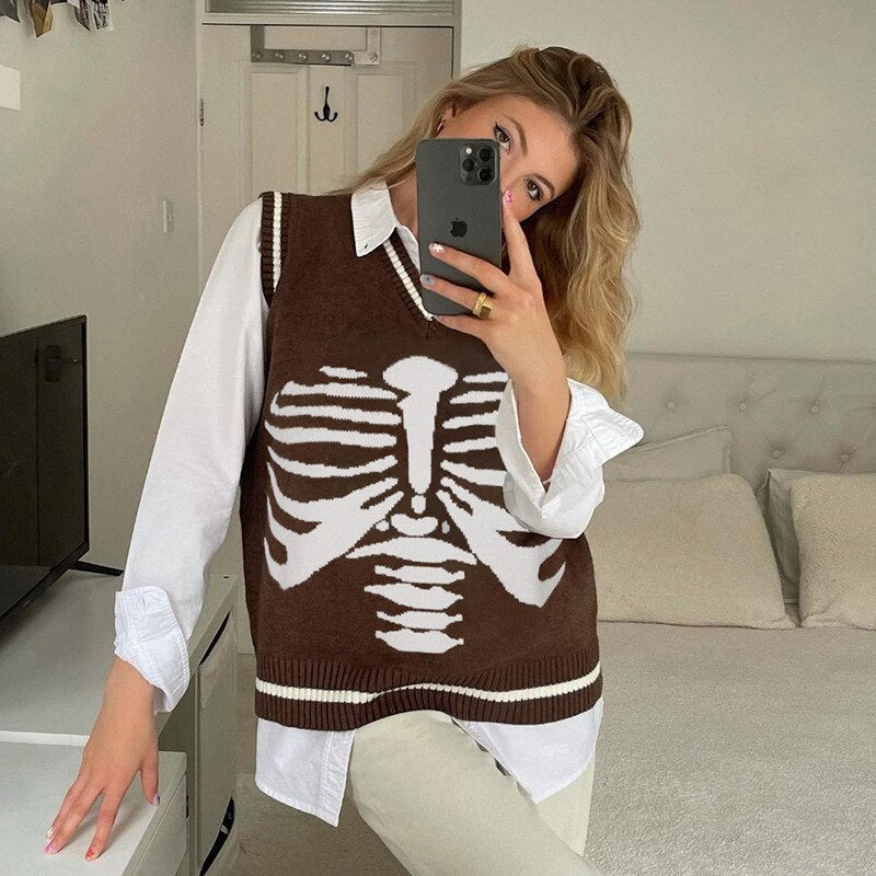 flowersverse Autumn V-Neck Sweater Vest Sternum Skull Printed Knitted Vest Skeleton Loose Casual Sleeveless Top Preppy Style Tops Women