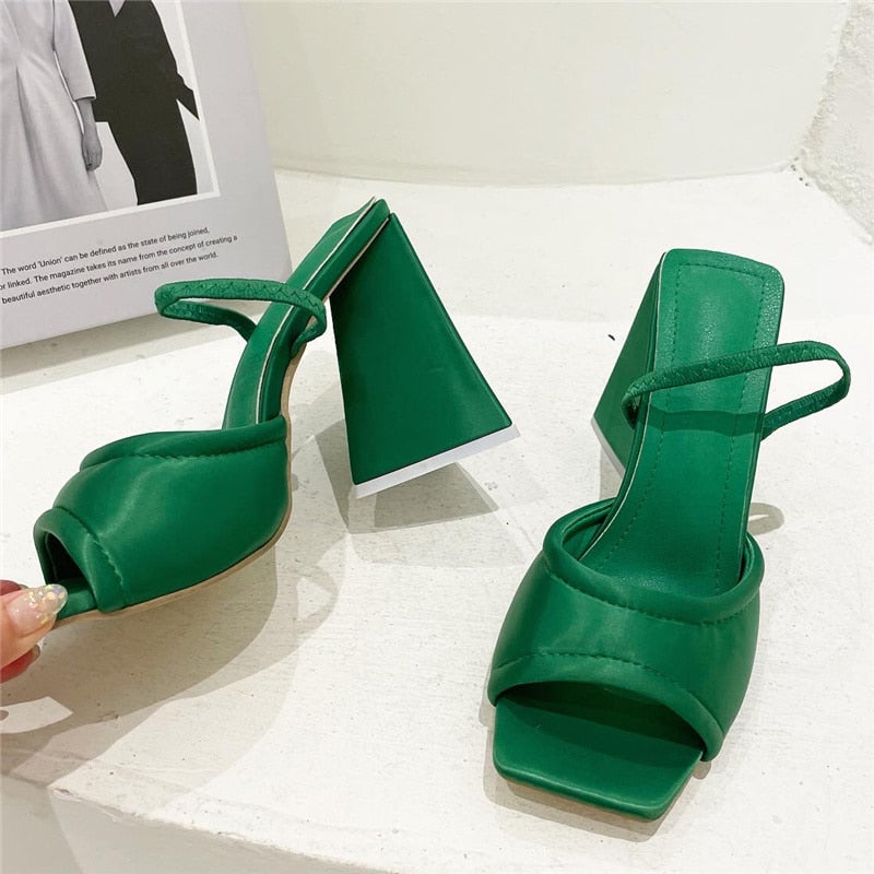 flowersverse Women Design 11cm High Heels Slides Mules Summer Silk Thick Block Heels Sandals Slingback Orange Slipper Party Chunky Shoes