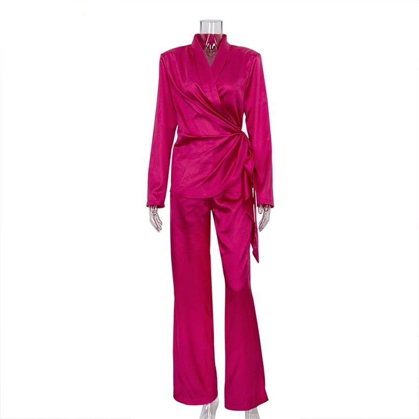 flowersverse Balck Casual Satin Women Sets Autumn Long Sleeve Blazers With Wide Leg Pants Set Elegant Lace-Up 2 Piece Trousers Set