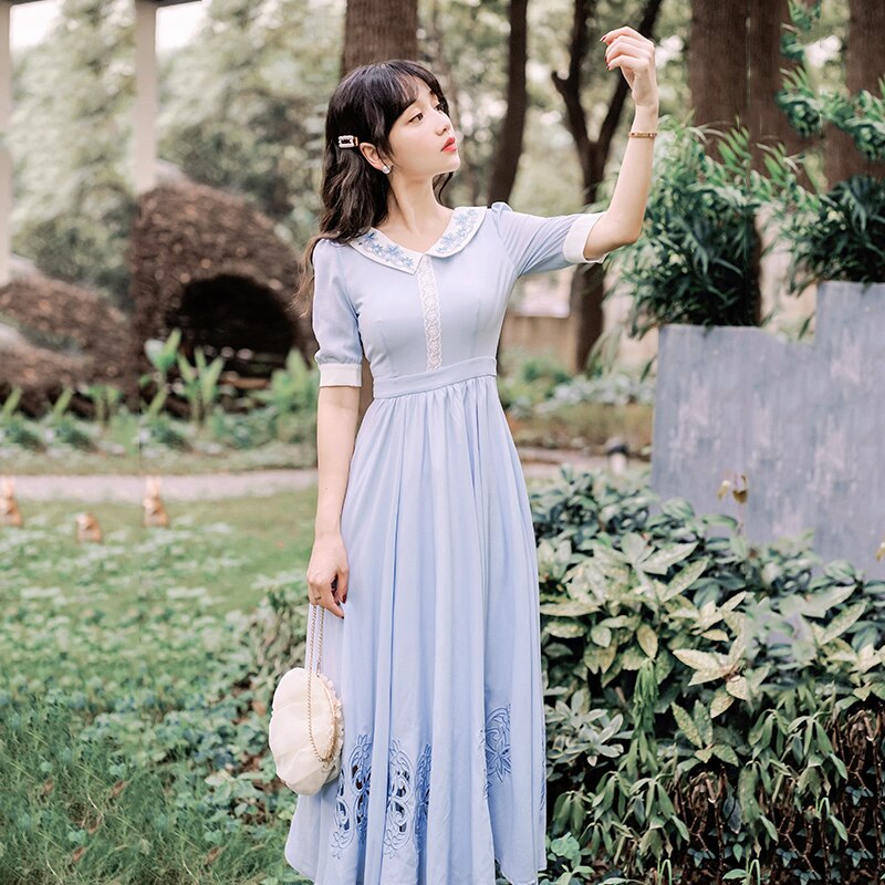 flowersverse Back to school Summer Casual Woman Dress Soft Vintage Light Blue Embroidery Floral Hollow Out Half Sleeve Retro Midi Dresses Vestido Festa