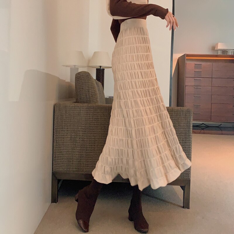 flowersverse Autumn Winter Wrinkled Black Pleated Skirt Women Korean Style Casual High Waisted A-Line Knitted Skirts Long falda plisada