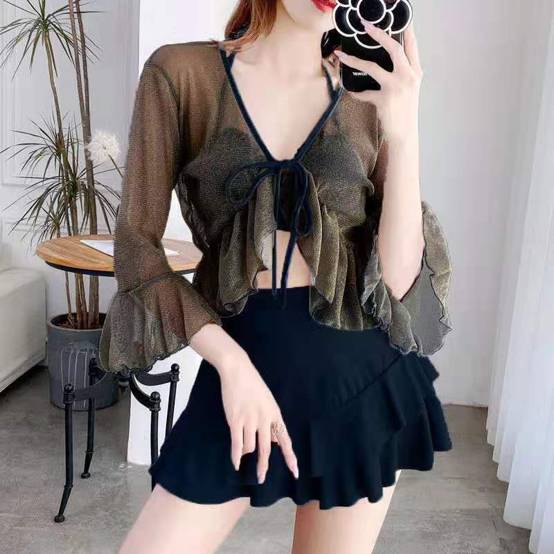 flowersverse 3 Piece Bikini Set Korean Cute Swimsuit Women Underwire Ruffle A-Line Skirt High Waist Bikini Cover Up See Through Bikinis