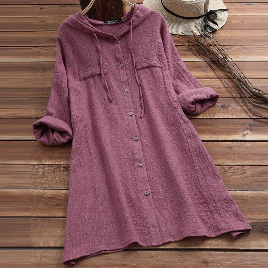 flowersverse 5XL Spring Autumn Clothes Women Casual Cotton Linen Loose Dress Plus Size Crop V Neck Button Long Sleeve Cardigan Dresses Brown-1104