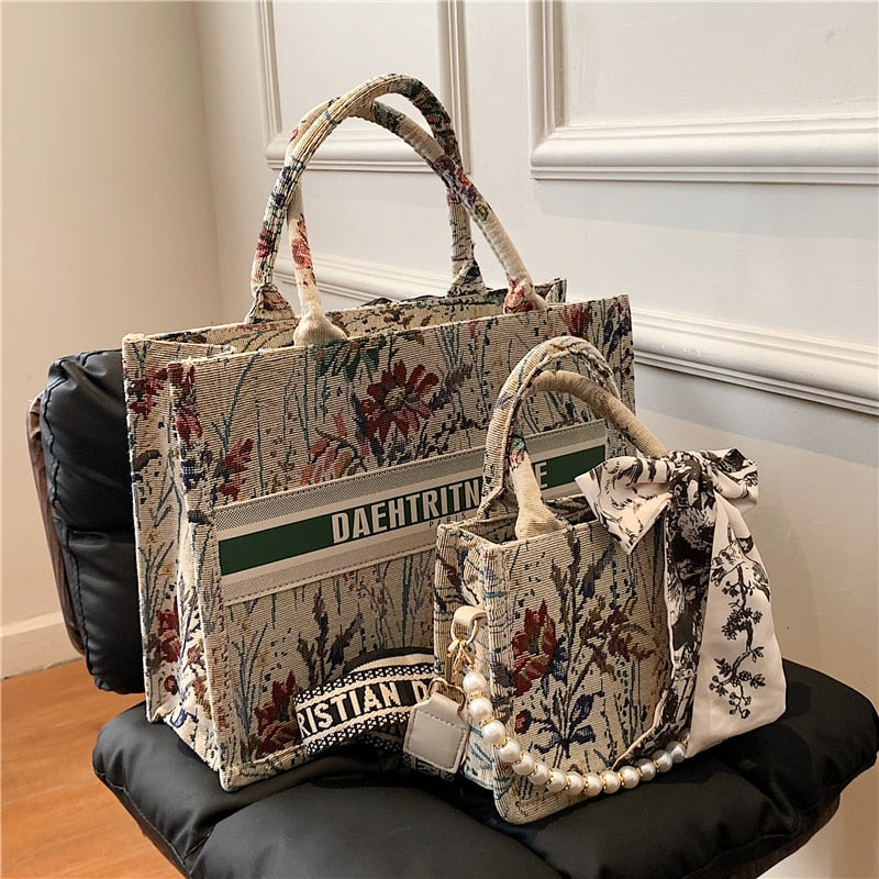 flowersverse Back to school Embroidery Fabric Luxury Designer Large Tote Handbags For Women Fashion Brand Small Ladies Shoulder Crossbody Bags