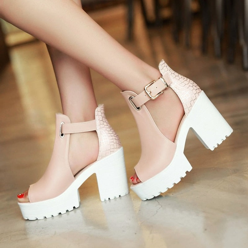flowersverse Women Gladiator Sandals High Heels Peep Toe Summer Shoes Female Fashion Punk Platform White Pink Sandals Ladies Party Shoes