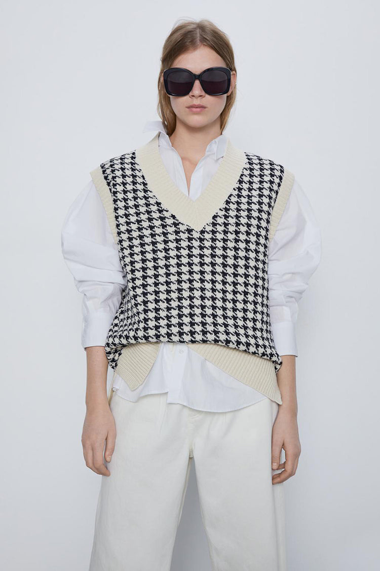 flowersverse Autumn Winter Women Sweater Vest Houndstooth Loose Knitted V-Neck Sleeveless Chic Top Fashion Vintage Sweater Female Waistcoat