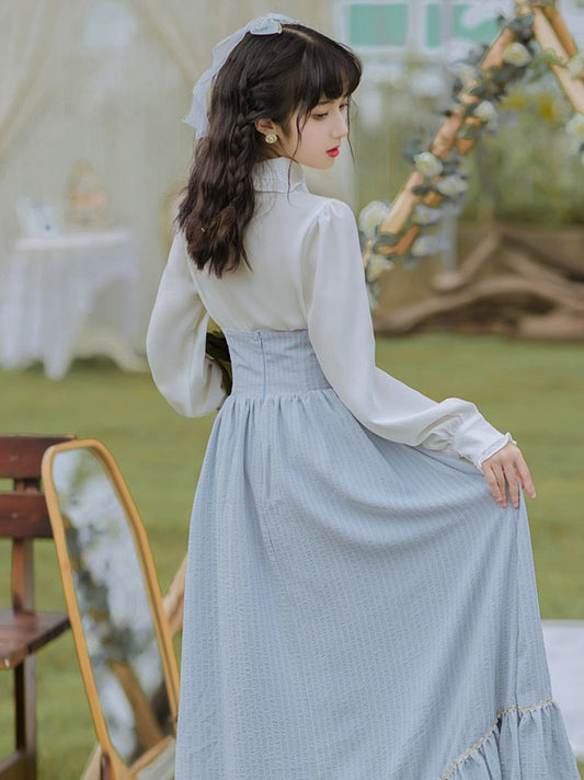flowersverse Back to school outfit Elegant Lolita 2 Piece Sets Womens Outfits Vintage Peter Pan Collar Lantern Sleeve White Shirt And Bandage Stripe Long Skirt