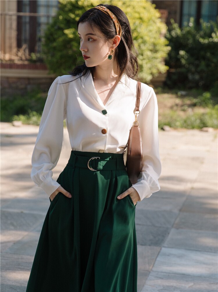 flowersverse Back to school Modern Vintage Style Outfits For Office Lady Elegant Long Sleeve White Blouse Female Tops & Green Maxi Skirt With Belt Women Set