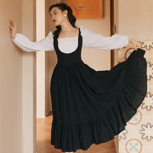 flowersverse Back to school Cottage Style Bandage Black Dress Vintage Lantern Sleeve Square Collar Ruffles Princess Dresses Retro Vestido Negro Robe Noir