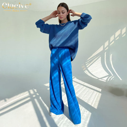 flowersverse Blue Office Women'S Pants Fashion Loose Full Length Ladies Trousers Casual High Waist Wide Pants For Women