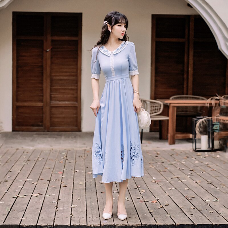 flowersverse Back to school Summer Casual Woman Dress Soft Vintage Light Blue Embroidery Floral Hollow Out Half Sleeve Retro Midi Dresses Vestido Festa