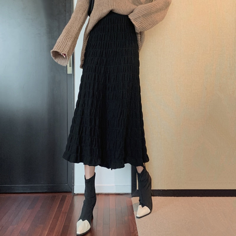 flowersverse Autumn Winter Wrinkled Black Pleated Skirt Women Korean Style Casual High Waisted A-Line Knitted Skirts Long falda plisada