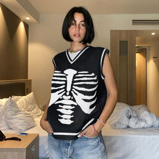 flowersverse Autumn V-Neck Sweater Vest Sternum Skull Printed Knitted Vest Skeleton Loose Casual Sleeveless Top Preppy Style Tops Women