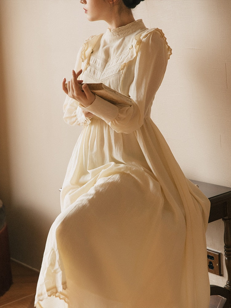 flowersverse Back to school Retro Royal Style Lady Dress Vintage Mori Girl Lantern Sleeve Stand Collar Elegant Woman Maxi Dresses Vestido Manga Larga