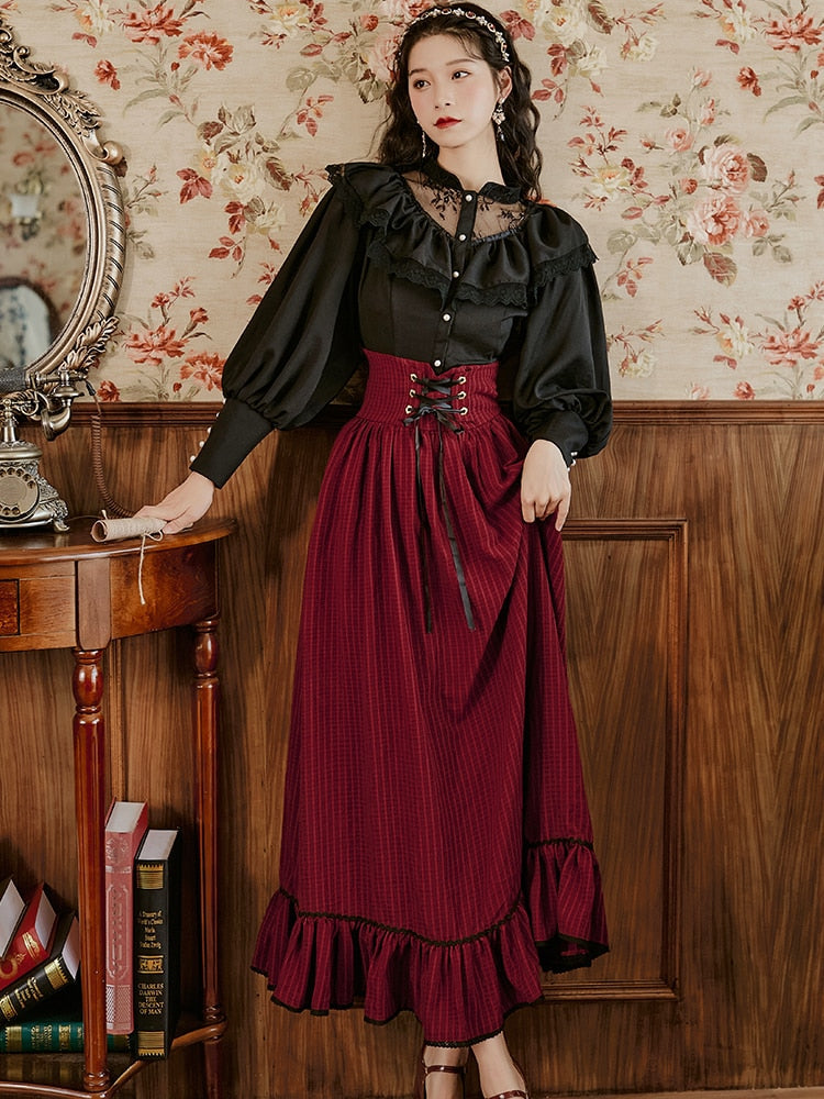 flowersverse Back to school outfit Korean Style Elegant Women Suits Vintage Lantern Sleeve Casual Black Shirt & Burgundy Stripe Long Maxi Skirt For Slim Lady Sets