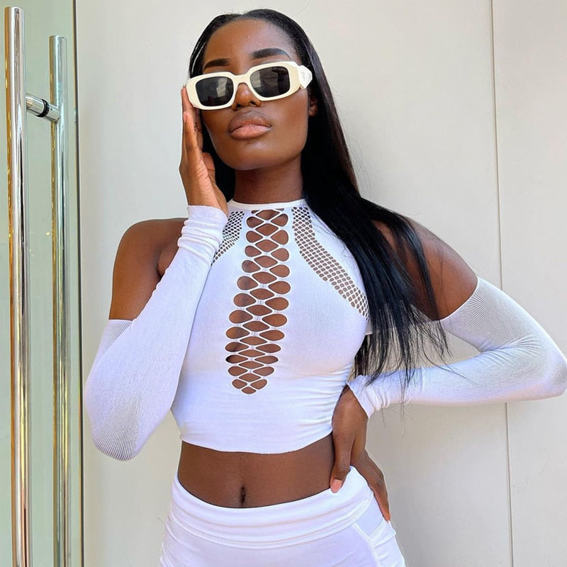 flowersverse Back to college Long Sleeves Solid Hollow Out Bandage Crop Top Summer Autumn Women Fashion Outfits Tshirts Club Tees