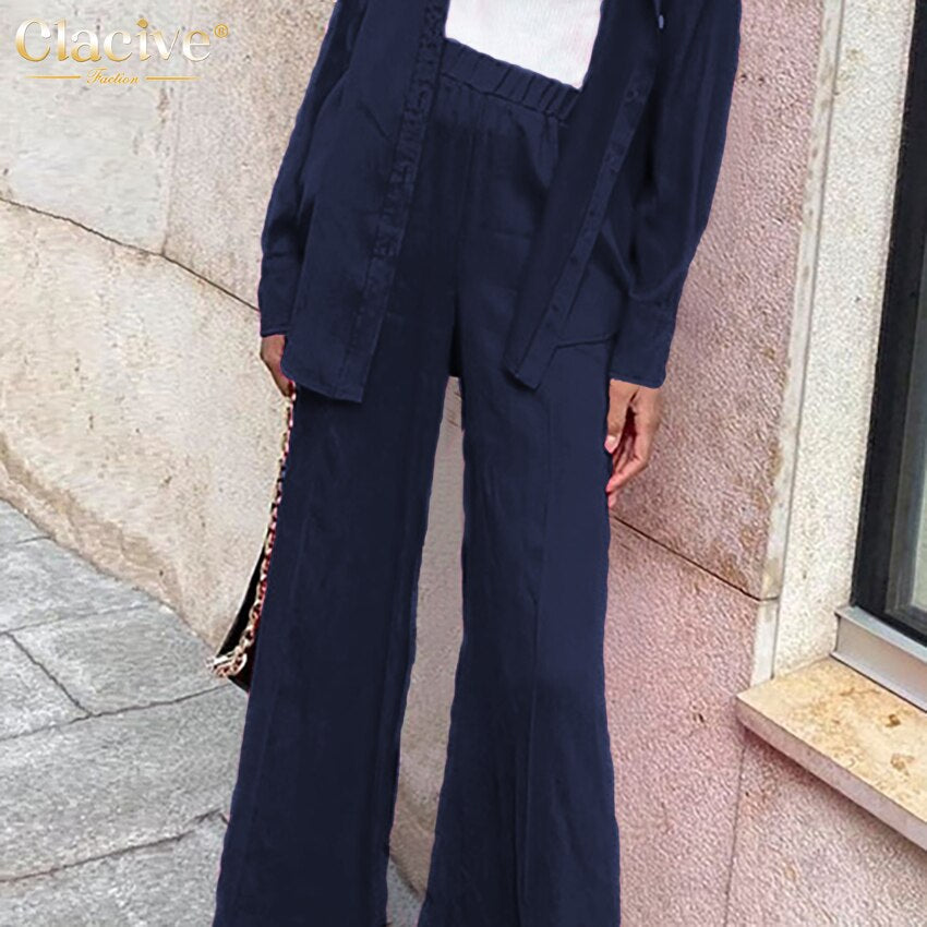 flowersverse Autumn Casual Pink Women Sets Fashion Long Sleeve Blouse Shirts High Waist Pants Two Piece Set Wide Leg Trousers Suit