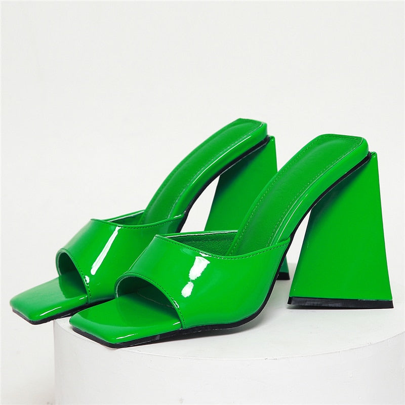 flowersverse Women Design 11cm High Heels Slides Mules Summer Silk Thick Block Heels Sandals Slingback Orange Slipper Party Chunky Shoes